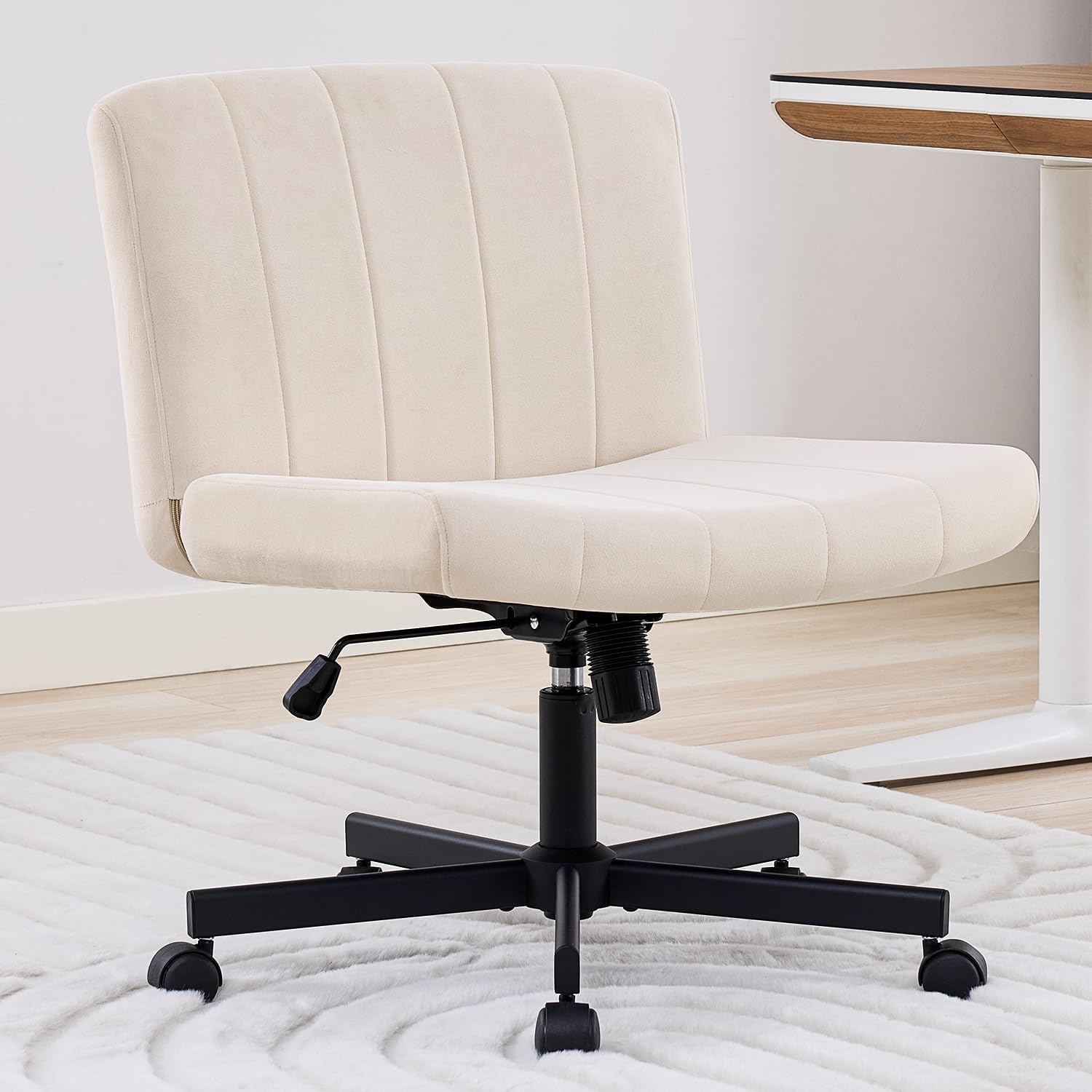 amseatec Criss Cross Office Chair with Wheels, Fabric Makeup Vanity Chair | Extra-deep 20.5" seat for cross-legged sitting. 330 lbs, SGS gas lift. 90-115° tilt, 360° swivel. Soft fabric, armless