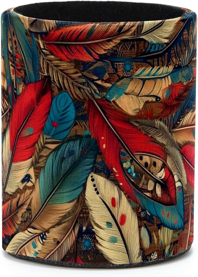Leather Pen Holder for Desk, Colorful feathers Pencil Cup Desktop Organizer by Unknown