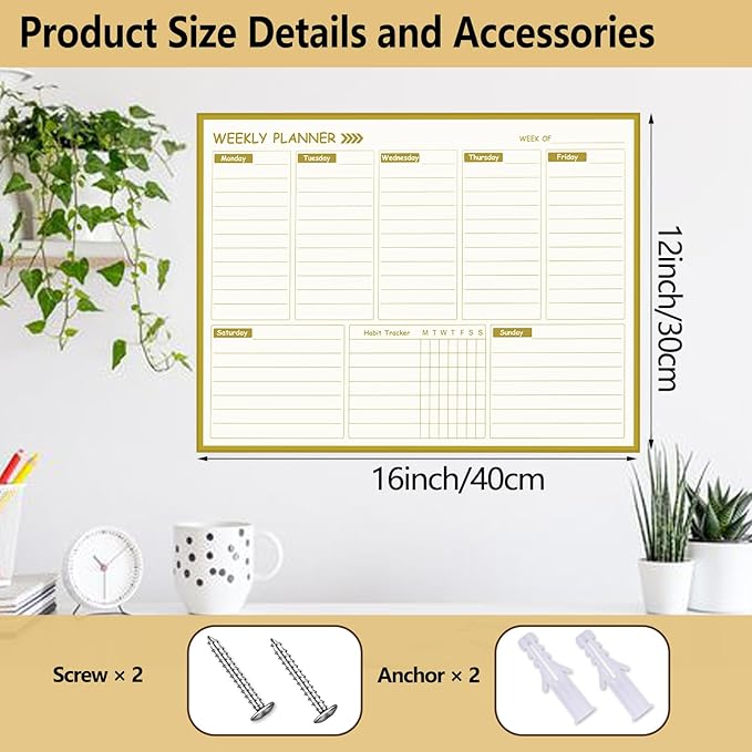 Gold Weekly Dry Erase Board for Wall, Small Magnetic Dry Erase Weekly Calendar - Image 4