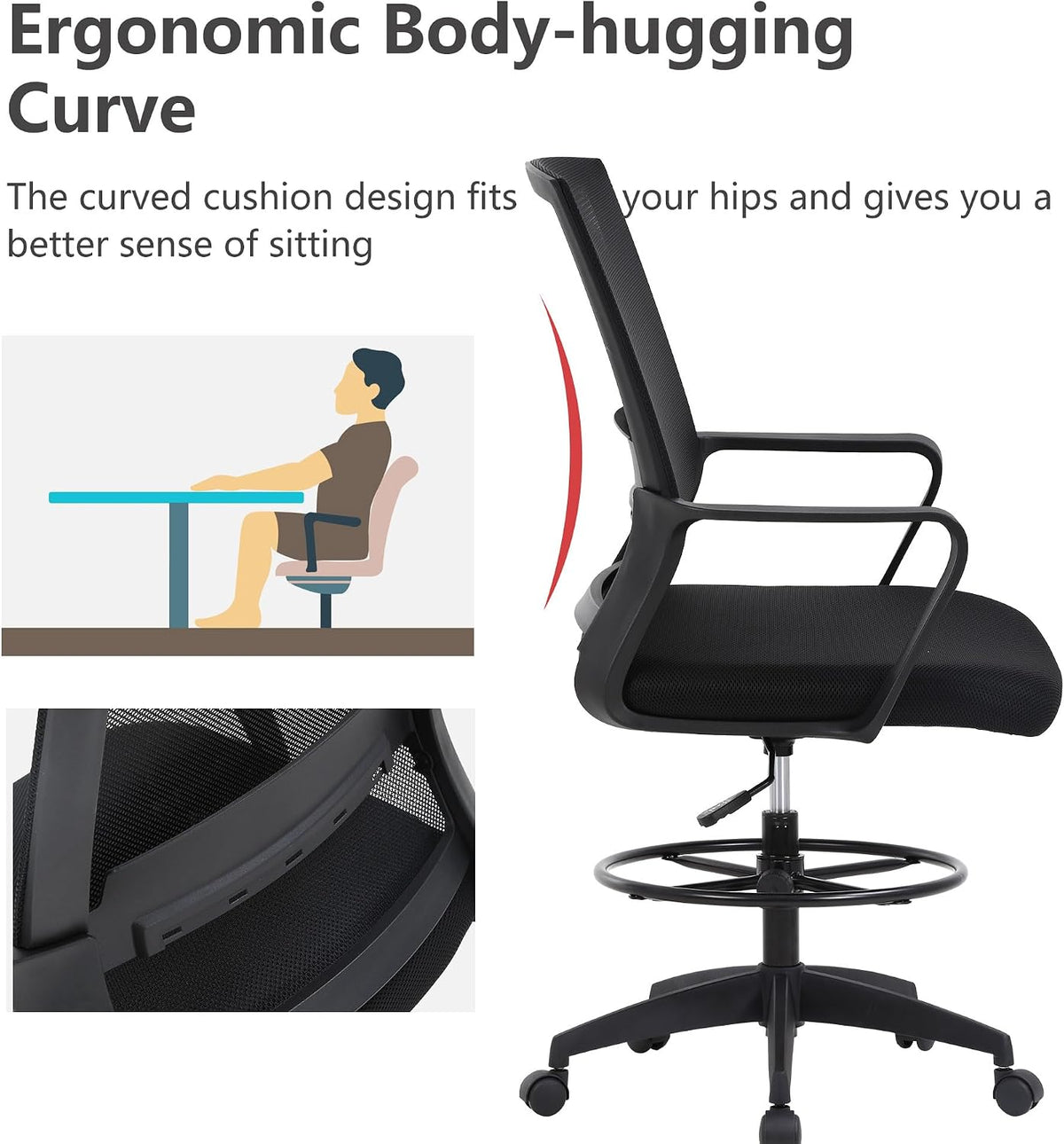 BestOffice | Tall Drafting Chair | Black | with Lumbar Support