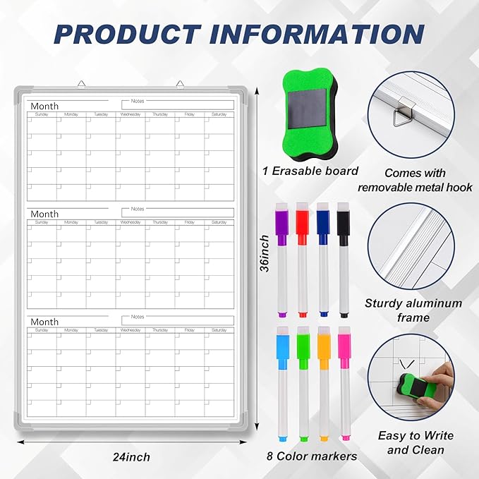 Lincia 36" x 24" Magnetic Vertical 3 Month Dry Erase Calendar - Image 2