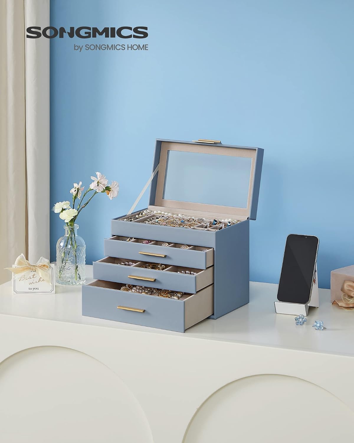 SONGMICS Jewelry Box Organizer, 4-Layer Storage with 3 Drawers, Glass Lid