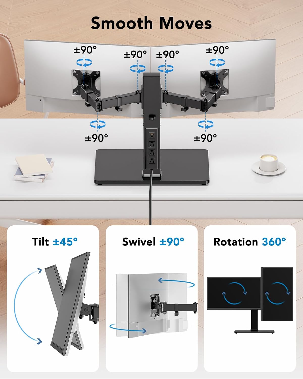 huanuo dual monitor mount with power outlet, computer, side view