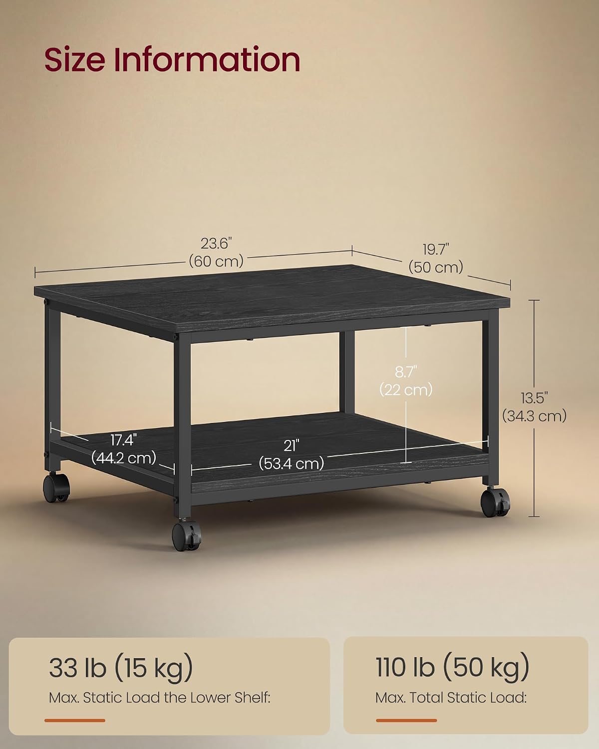 VASAGLE 2-Tier Printer Stand with Locking Wheels, Under Desk Printer Table