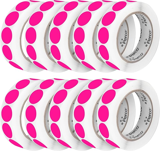 Perco Fluorescent Pink 1-Inch Perforated Circle Dot Sticker Labels — 10 Rolls by Perco