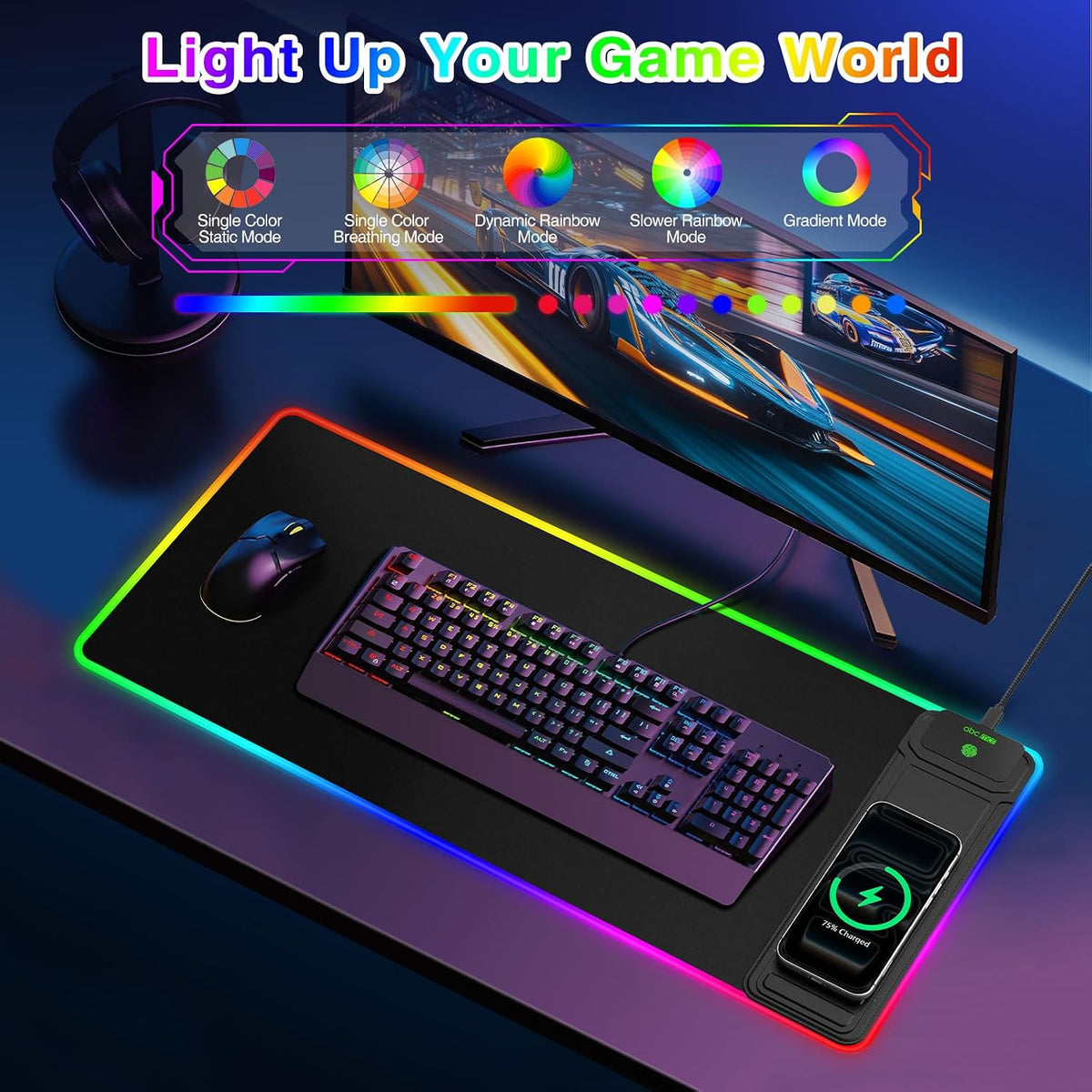 RGB Gaming Mouse Pad with Magnetic Wireless Charging & Foldable Phone Stand