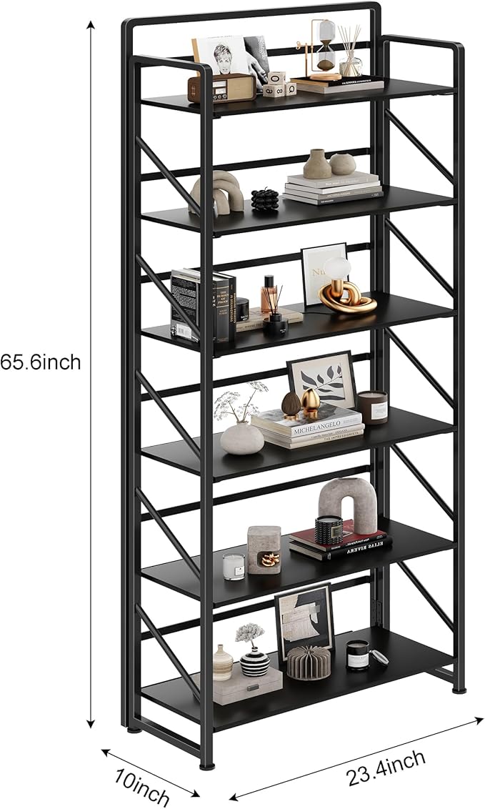 JSB No Assembly Folding Bookshelf, 6 Tier Industrial Metal Book Shelf - Image 3