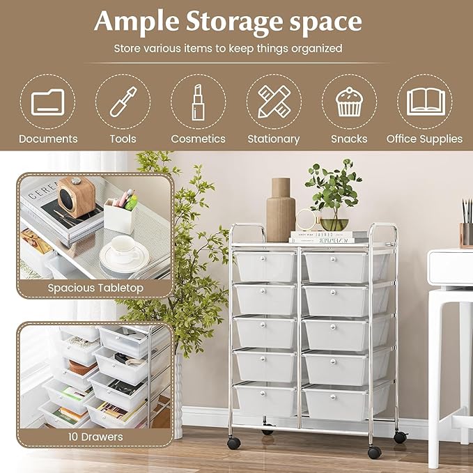 LDAILY 10 Drawer Rolling Cart, Storage Cart Organizer on Wheels, Drawer Cart - Image 5