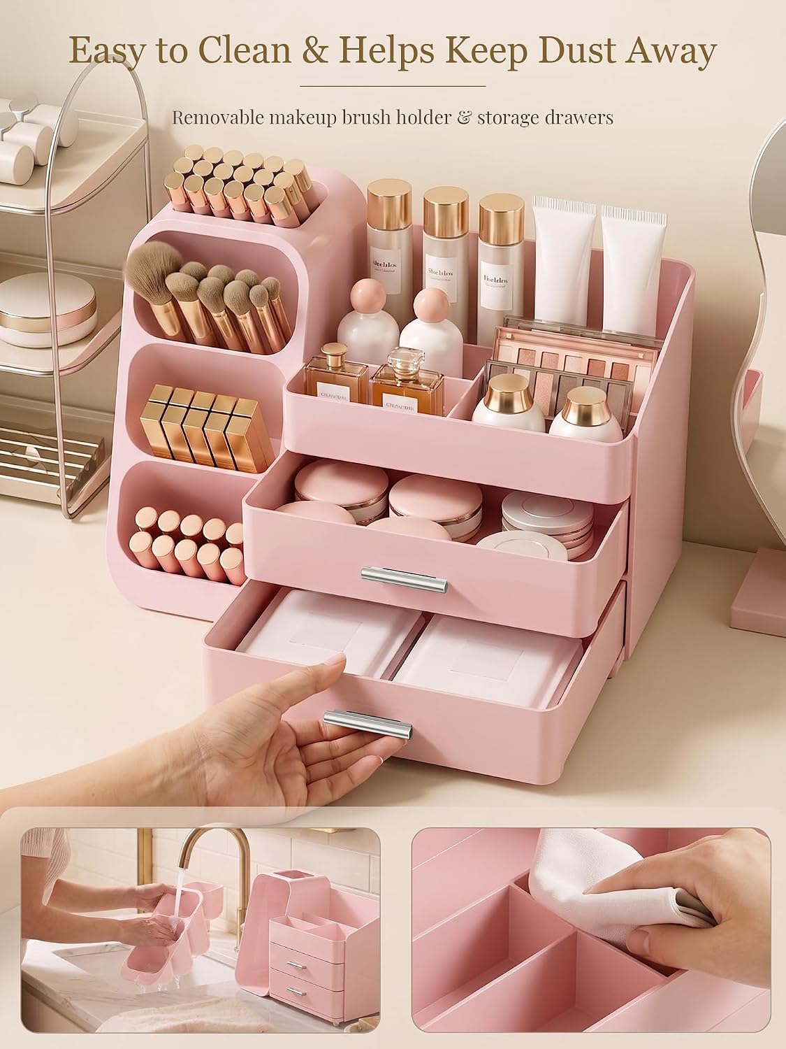 Booklov Large Makeup Organizer for Vanity Countertop, Pink