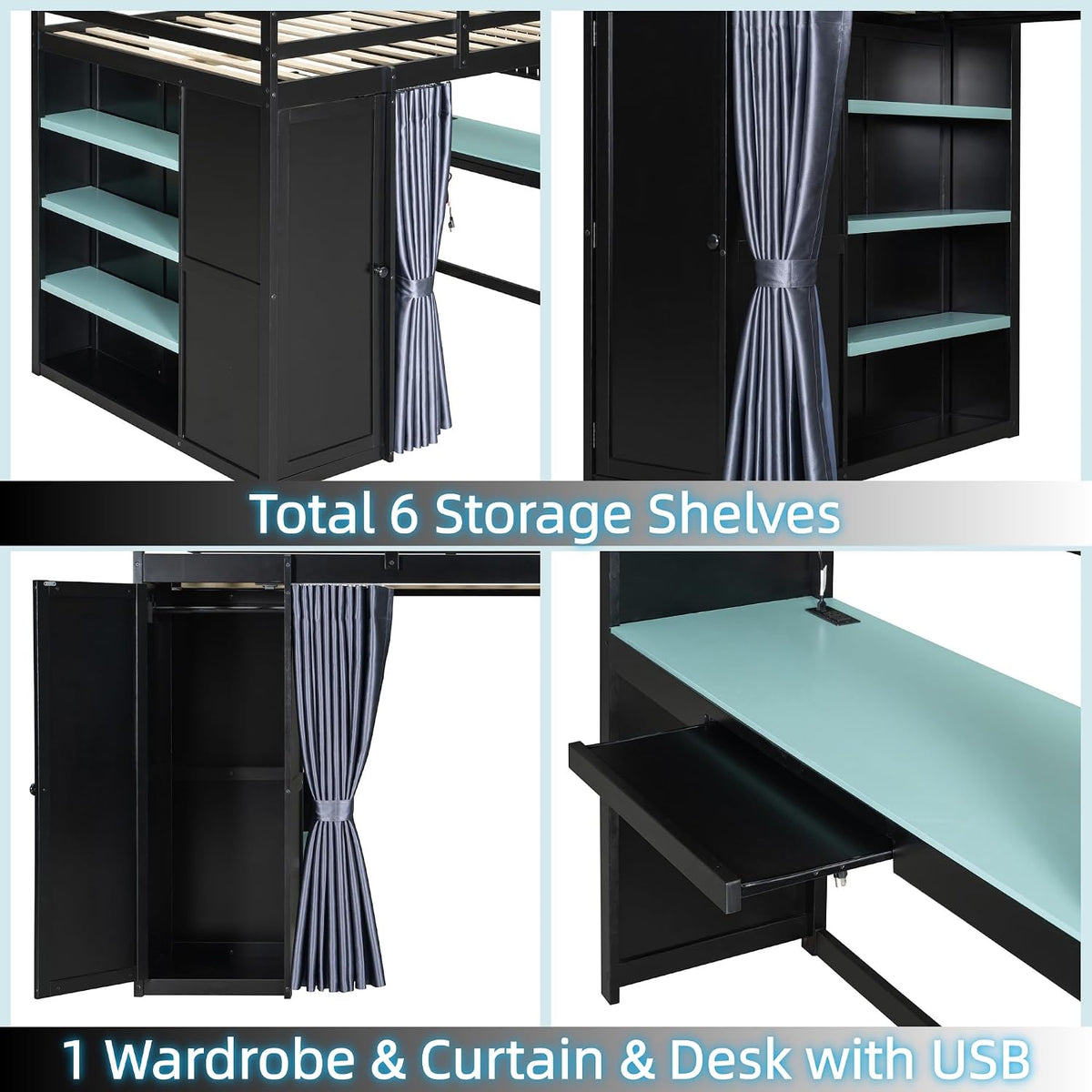 Merax Full Size Loft Bed with Desk and 6 Storage Shelves, Wardrobe, Blackout ...