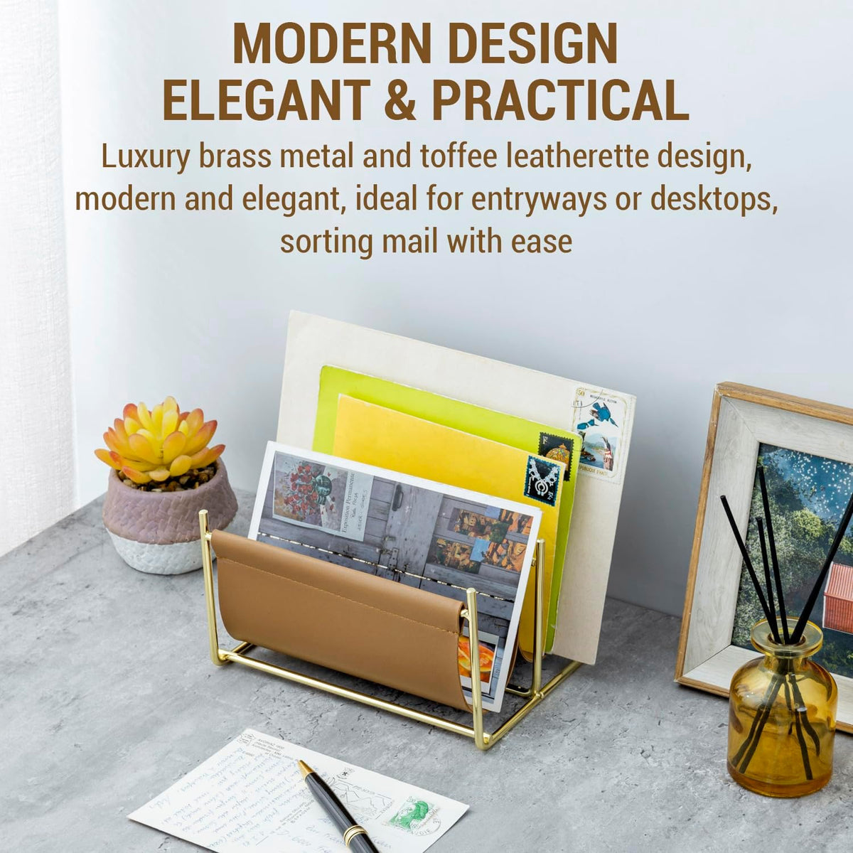 MyGift 2 Slot Modern Mail Holder, Deluxe Brass Tone Metal and Toffee Brown Le...