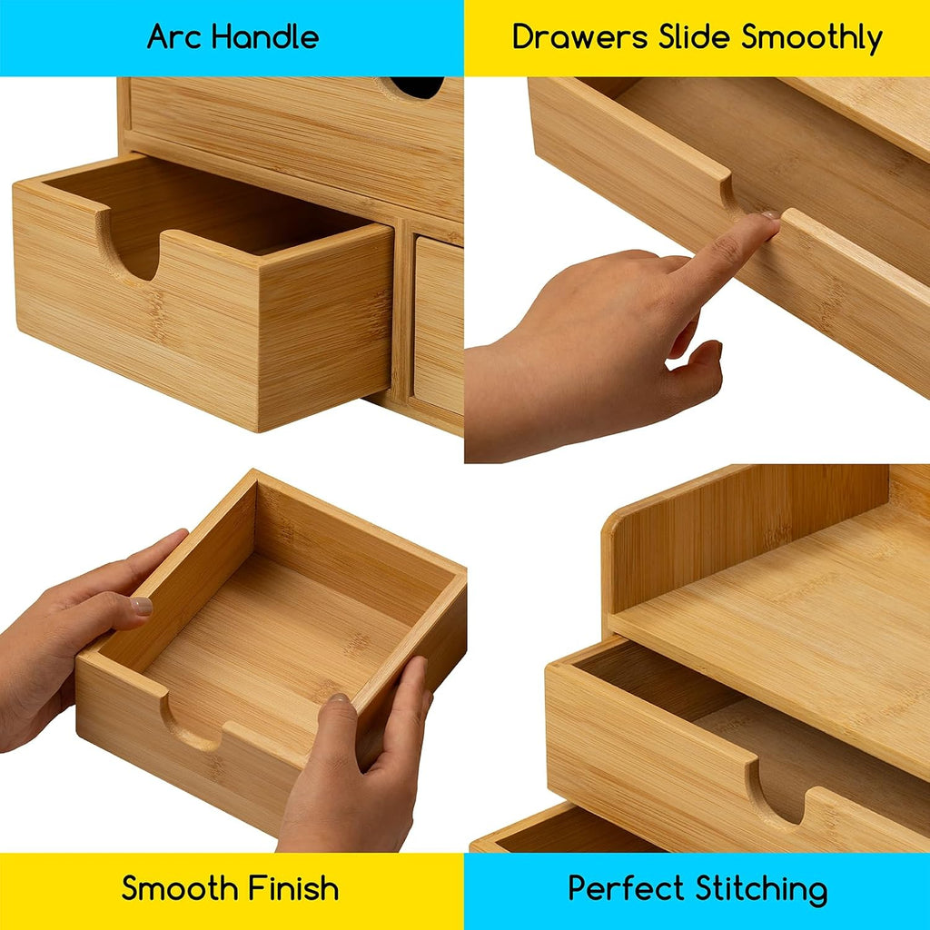 meeden bamboo desk organizer with drawers: storage container, side view