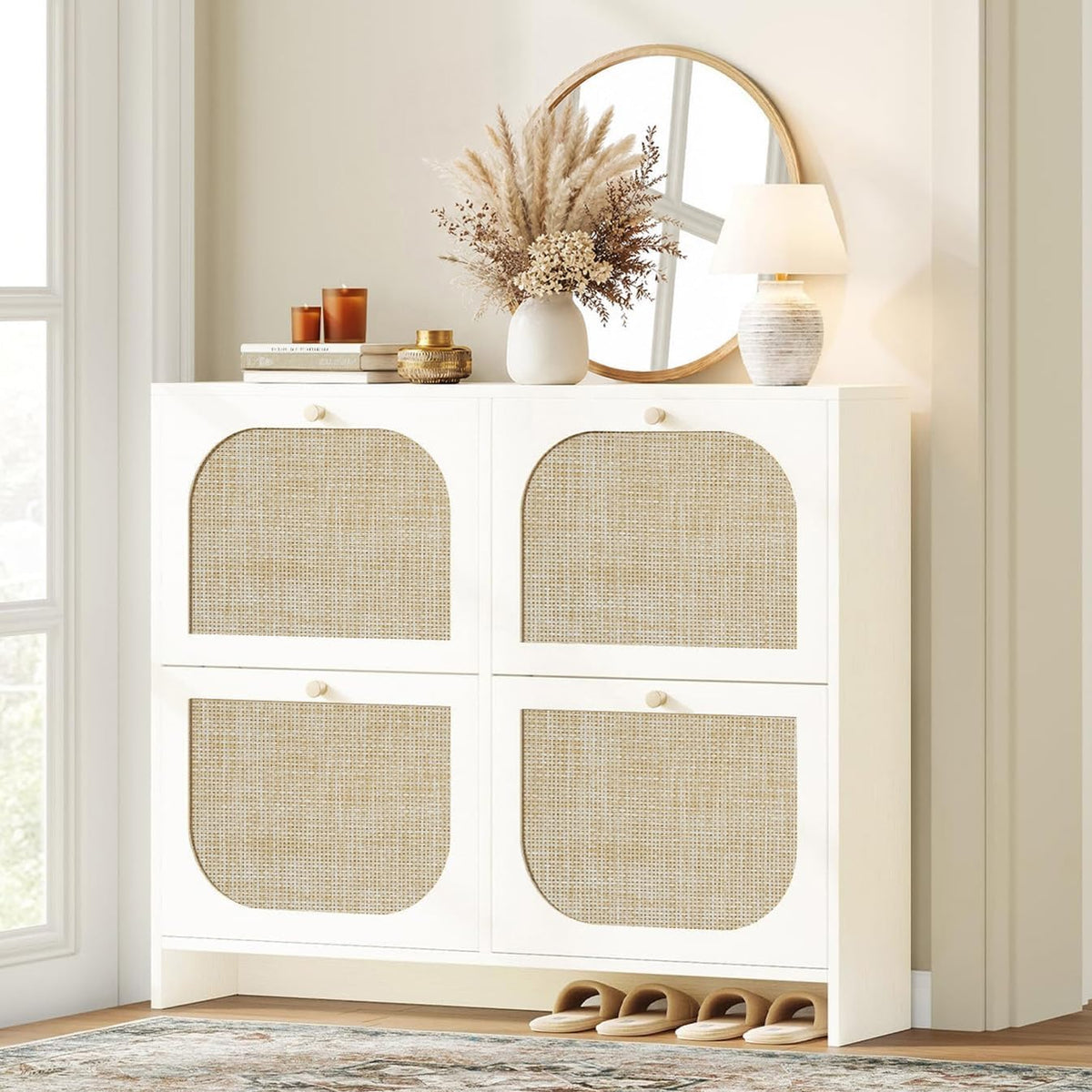 Nicetree Freestanding Ultra Slim Arched Rattan Accent Shoe Storage Cabinet fo...
