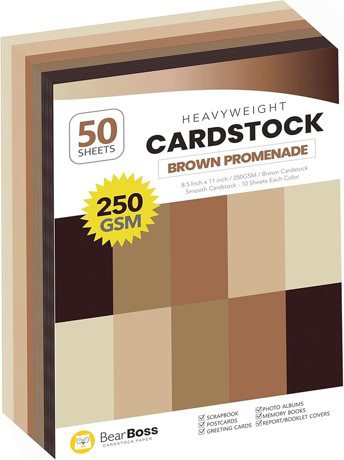 BearBoss Brown Cardstock Paper 8.5x11 50 Sheets, Heavyweight 92lb Cover by BearBoss