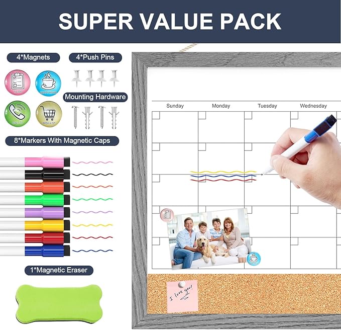 Calendar Whiteboard for Wall, 17x13 Inches Dry Erase Calendar Cork Board Combo - Image 5