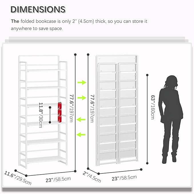 4NM No Assembly 6 Tiers Folding Bookshelf Storage Shelves Vintage Bookcase - Image 2