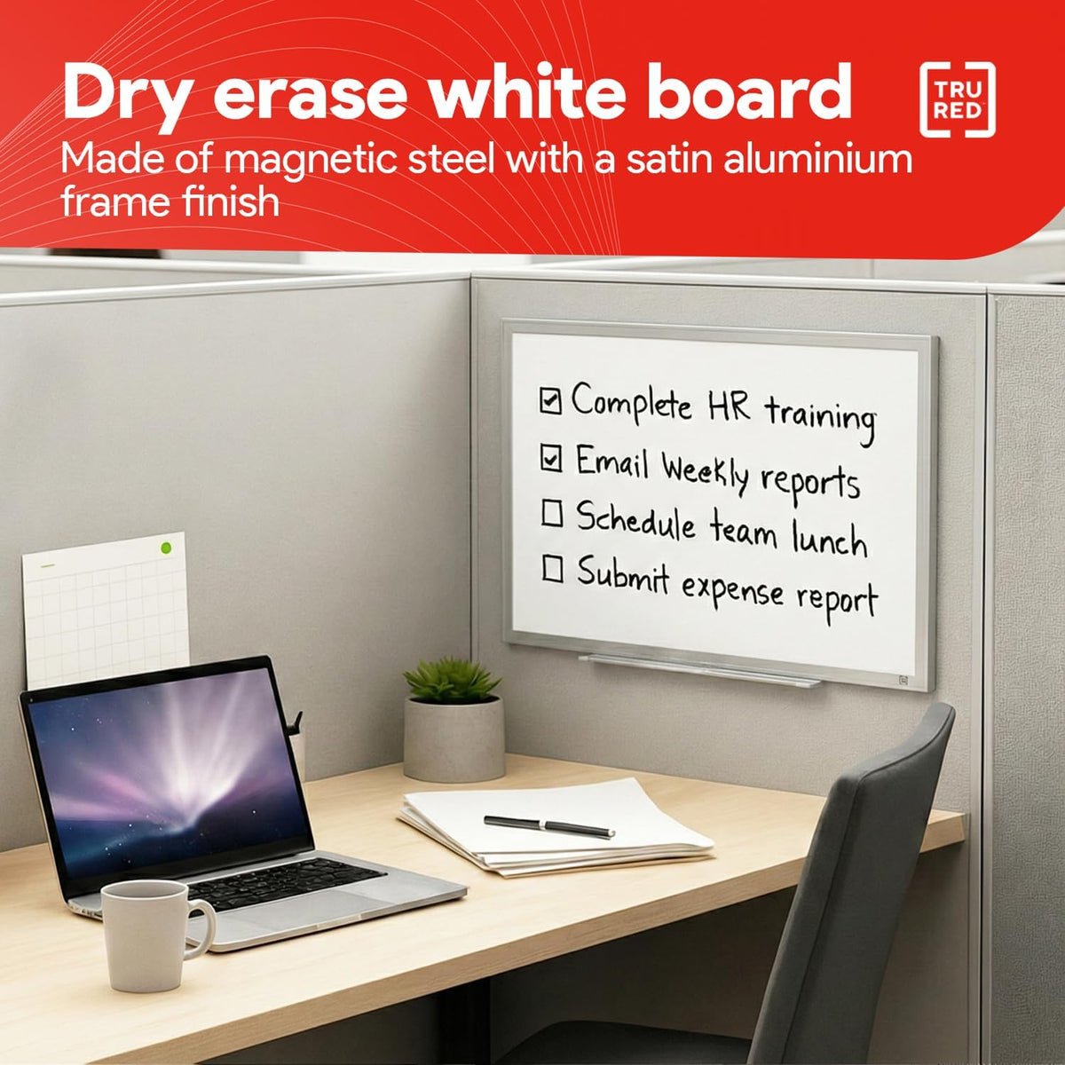 TRU RED Steel Magnetic Whiteboard, Satin Frame, 2 ft x 1.5 ft