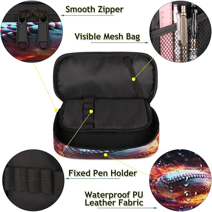 Pardick Pencil Case，Baseball Fire Big Capacity Pencil Pouch Coin Pouch - Image 5