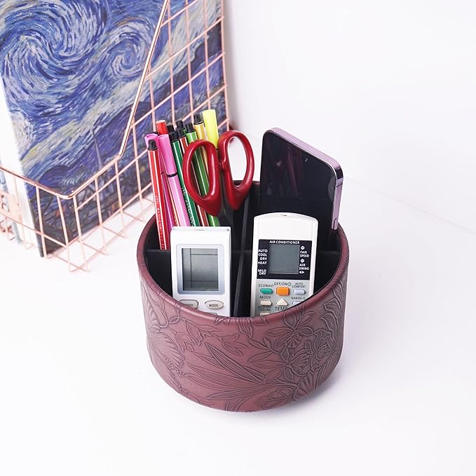 Hennaja Round Leather Art Supply Organizer, Remote Control Holder, 360 Degree - Image 6