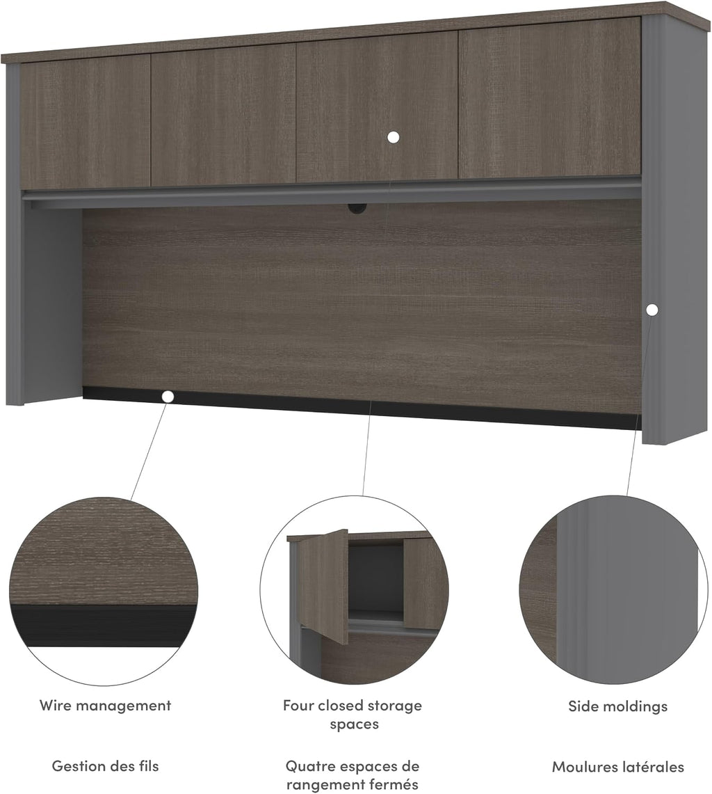 Bestar Hutch for Desk Shell, Bark Grey/Slate, Prestige +, 72W | 4 doors; built-in wire management; Coordinates with other storage pieces in the collection; Particle board construction