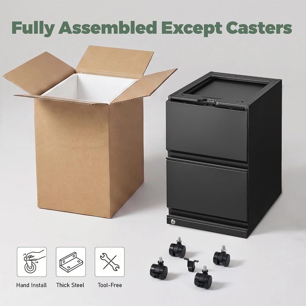 guizeeopo 2 drawer locking file cabinet, fully assembled, side view