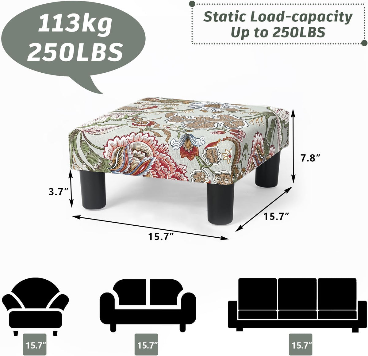Joveco Small Foot Rest Stool Ottoman, 15" Fabric Square Footstool Uphols...