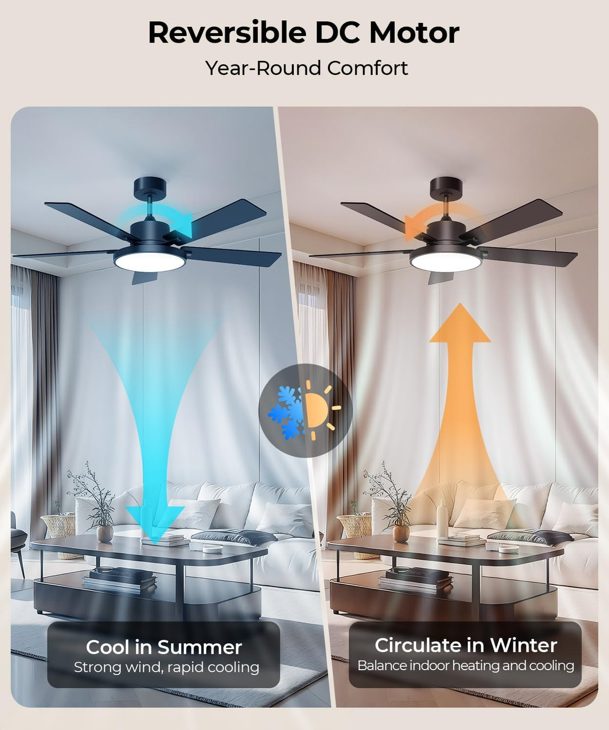 rgbcw smart 52" 2600lm led ceiling fan light, front angle view