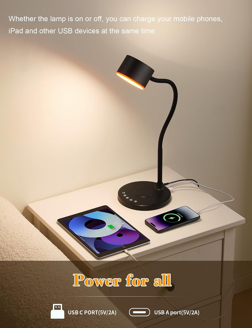 lifmira desk lamp with 2 usb charging ports, close-up detail