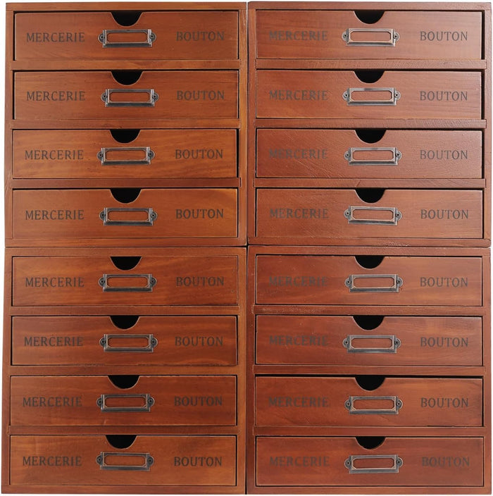 Vintage Wooden Drawer Organizer with 16 Drawers, 4-Tier Stackable Desktop Storage Box for Office, Home, Craft Supplies – Compact Space-Saving Design, Sturdy Pine Wood Construction, Built-In Label