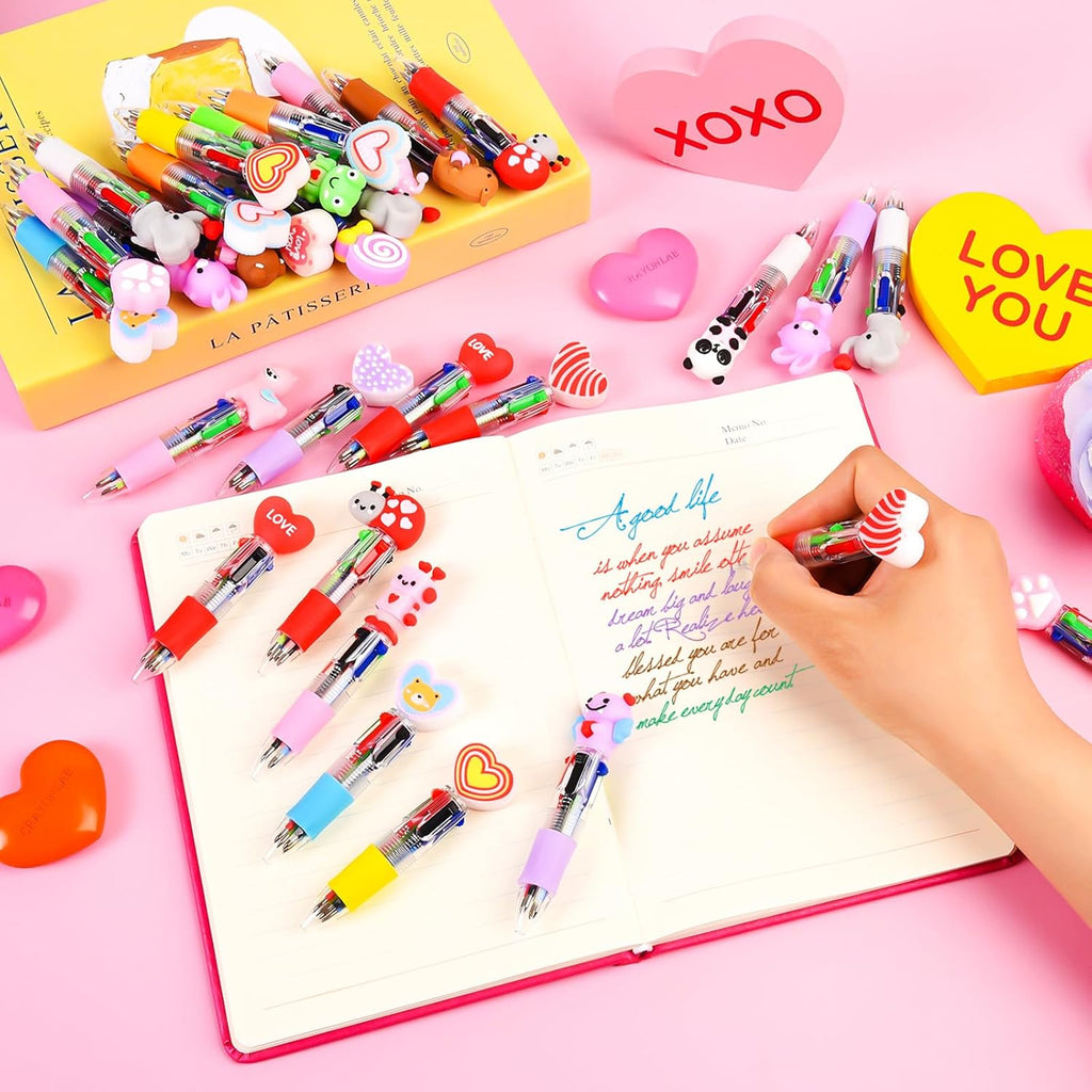 LiYiQ 100 Pcs Valentine's Day Animal Multicolor Pen in One Cartoon Cute Fun 4-in-1 Cute Pens Bulk Kawaii Heart Capybara Frog Panda Shape Lovely Ballpoint Pens for Fun Gifts
