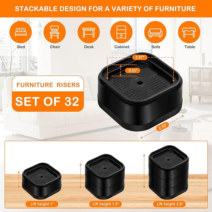 shouwuhho 32 Pack Furniture Risers Adjustable Bed Risers Heavy Duty Lifts - Image 2