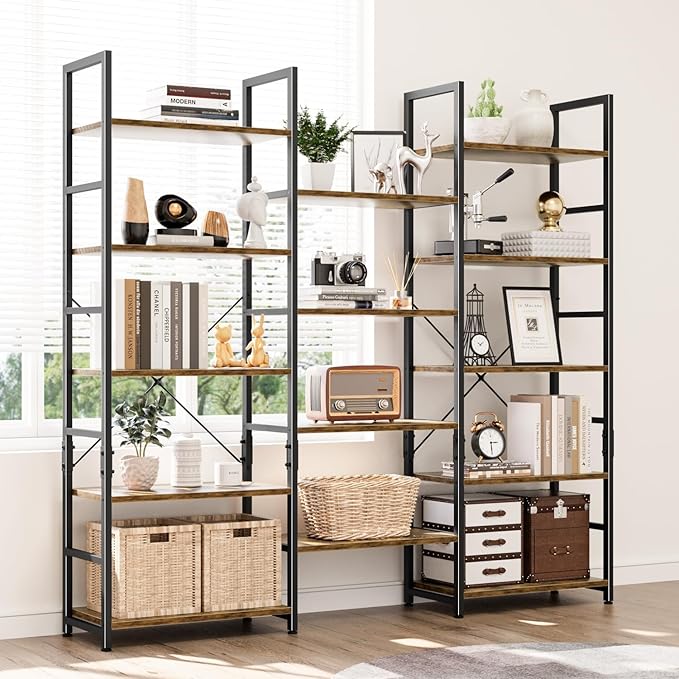 NUMENN Triple Wide 5 Tier Bookshelf, Rustic Industrial Style Bookcases - Image 2