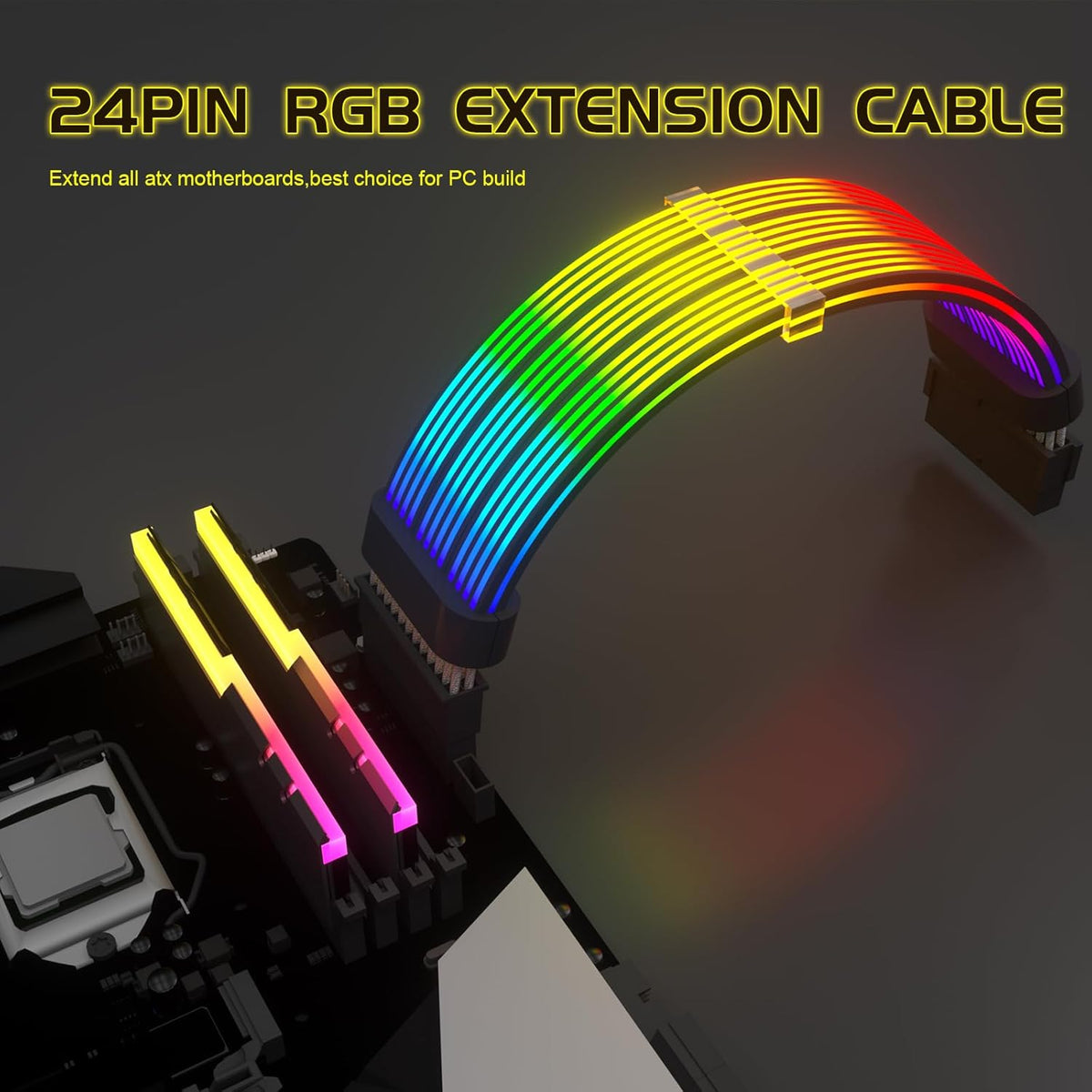 Sirlyr Black 24Pin 4-Side RGB PSU Cables Extension,5V 3Pin MB Sync
