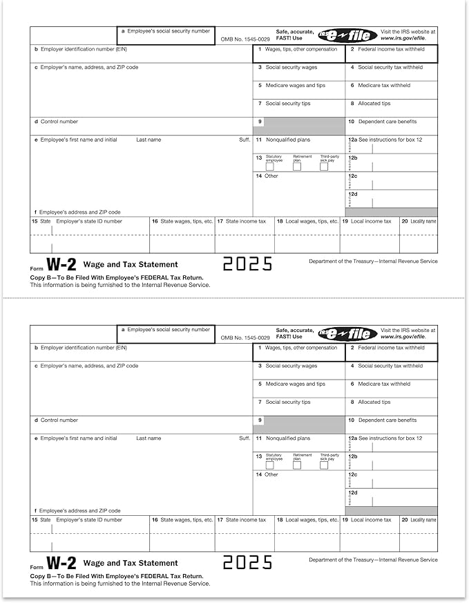 W2 Forms 2025, 6 Part Tax Forms, 25 Employee Kit of Laser Forms Designed - Image 3
