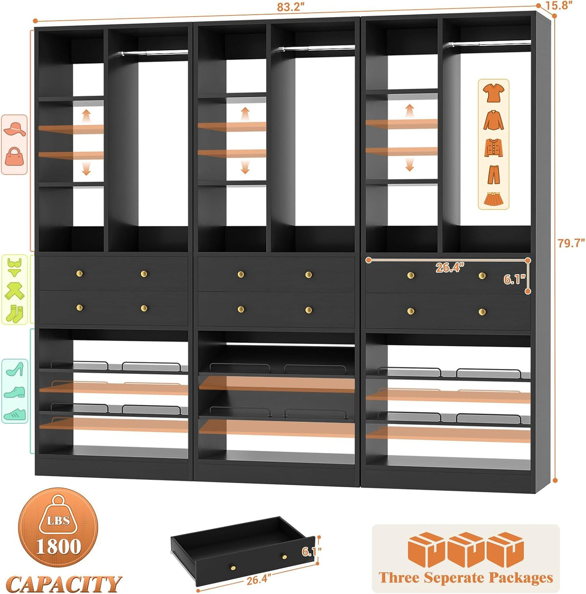 Besiost Closet System, 84"/7 FT Closet Organizer System with 6 Drawers a...