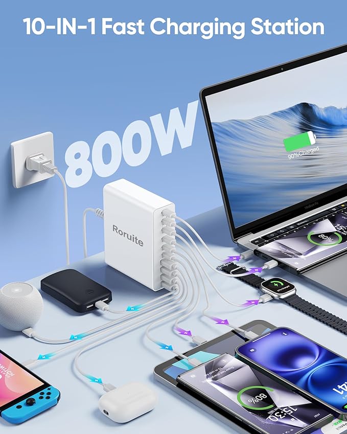 800W USB C Charging Station, 120W PD GaN5 Super Fast USB C Charger Block-10 Port - Image 2