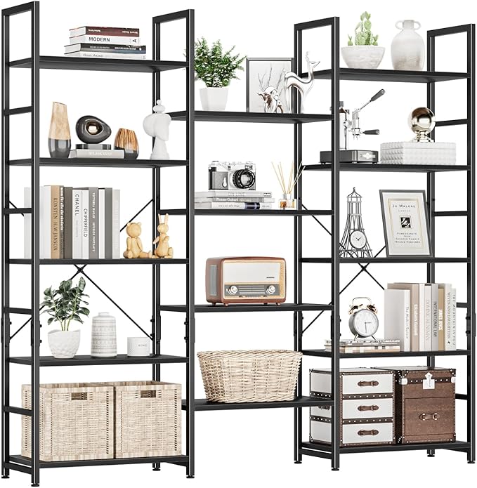 NUMENN Triple Wide 5 Tier Bookshelf, Rustic Industrial Style Bookcases and by NUMENN