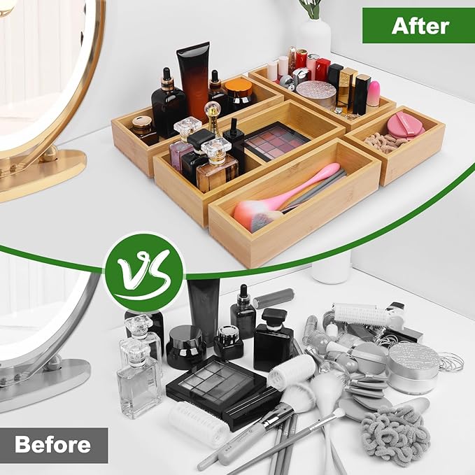 Bamboo Drawer Organizer Set, Junk Drawer Divider and Storage Trays Containers - Image 4