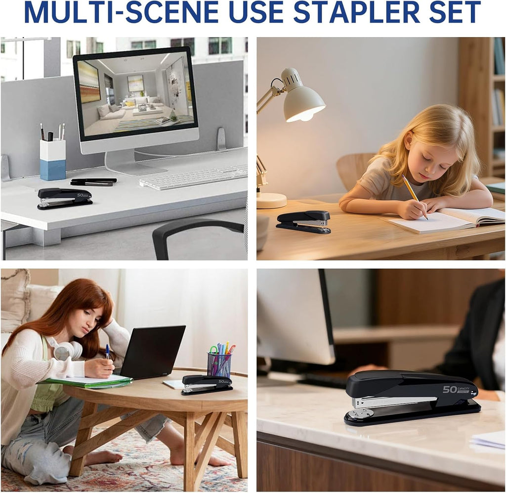 Metal Stapler Heavy Duty - 50 Sheet Capacity with 2000 Pieces 1/4", 5/16" Staples and Staple Remover, No Jam, Non-Slip, Stapler Heavy Duty for Desk, Classroom and Office, Black