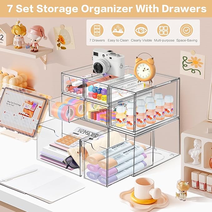 Desk Organizer with 7 Drawers, FODIENS 7 Packs Acrylic Stackable Desktop - Image 3