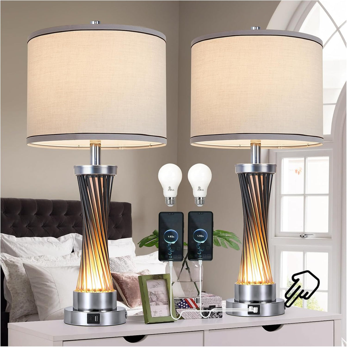 3-Way Dimmable Table Lamp Set of 2,Touch Control Lamp with Night Light,Modern...