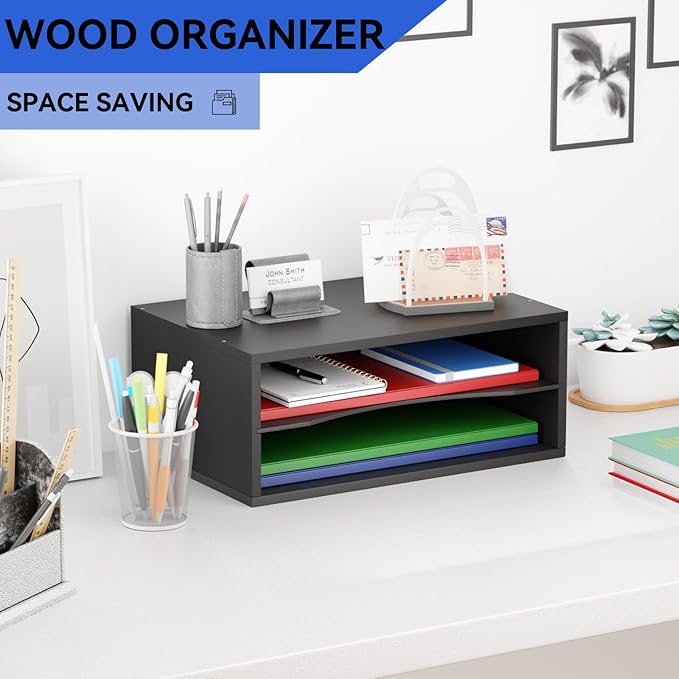 GDINDINFAN Wood Desktop Letter Tray File Organizer, Paper Storage Mail Sorter - Image 2