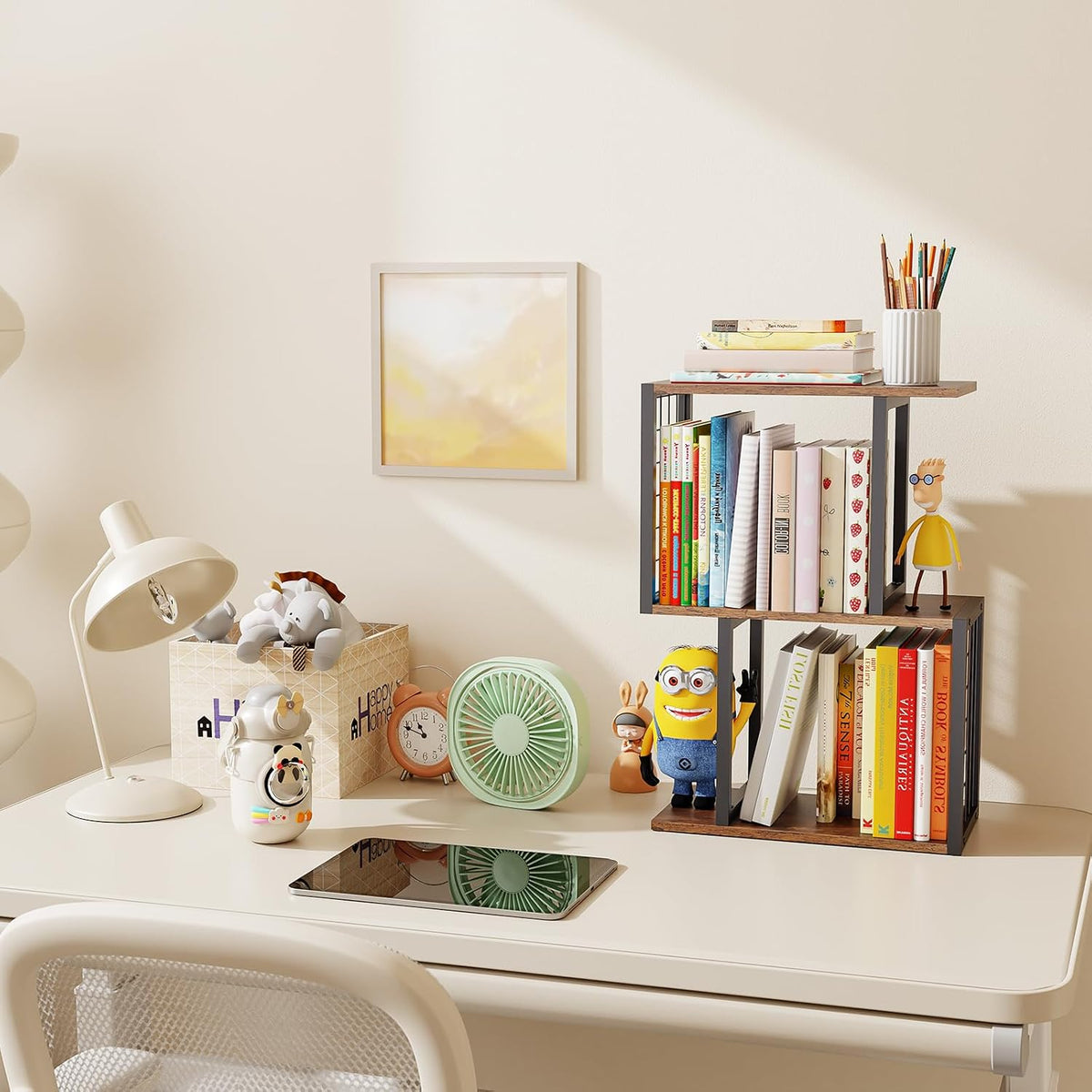Desktop Bookshelf,3-Tier Desk Organizer Shelf with Hooks Desk Organization De...