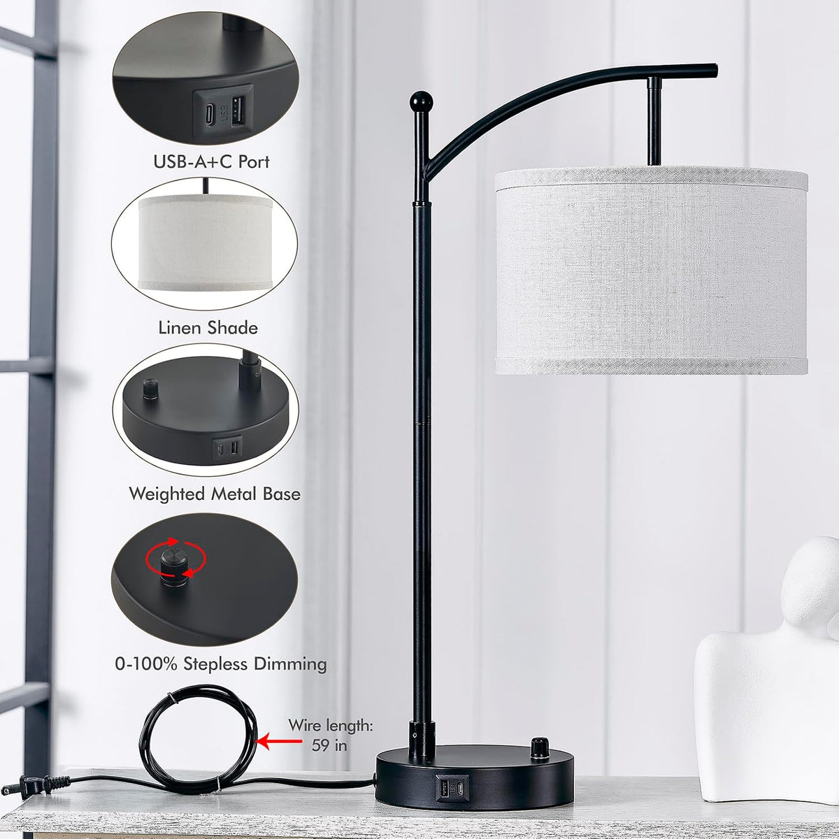 Table Lamp Set of 2, 23.5" Bedside Lamps with USB C+A Ports, Black