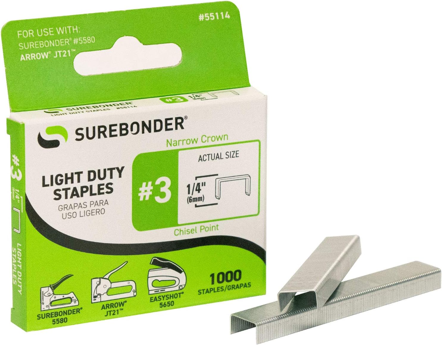 Surebonder 55114 Light Duty 1/4-Inch Leg Length, .441-Inch Crown Staples, Arrow JT21 Type, 1000 Count