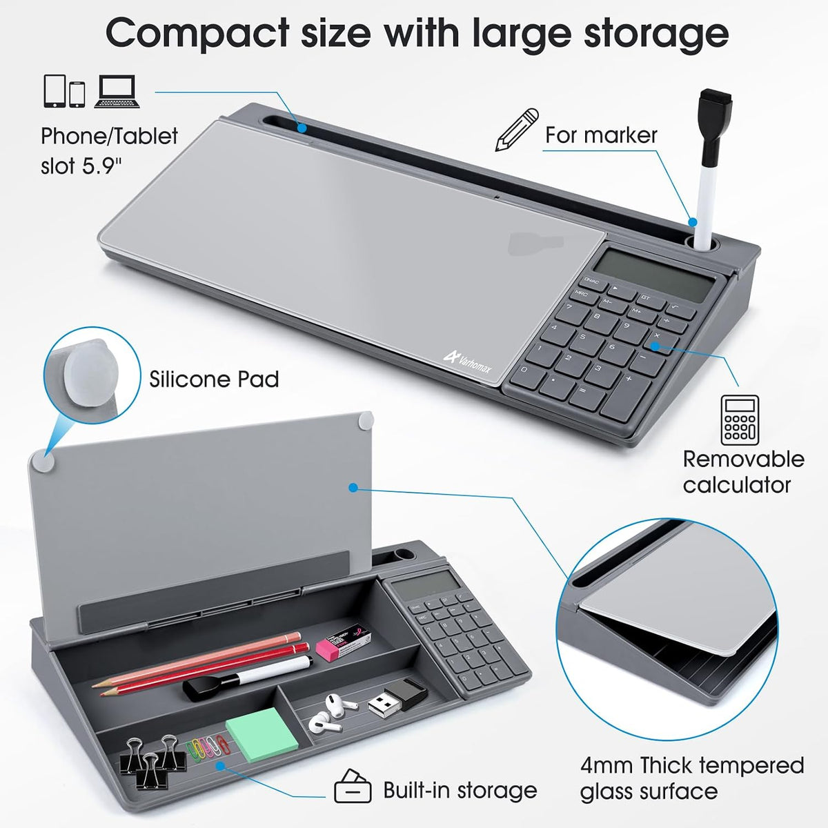 Varhomax Glass Desk Whiteboard Gray with Calculator