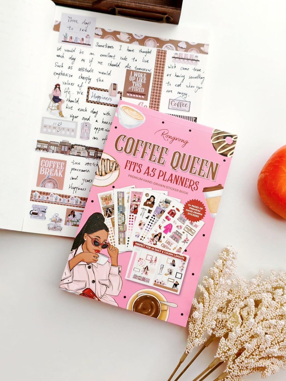 Hobonichi Compatible A5 Planner Sticker Book – Coffee Queen Collection Coffee-Themed Decorative & Functional Stickers for Cousin & Weeks Size Planners, Journals & Creative Planning
