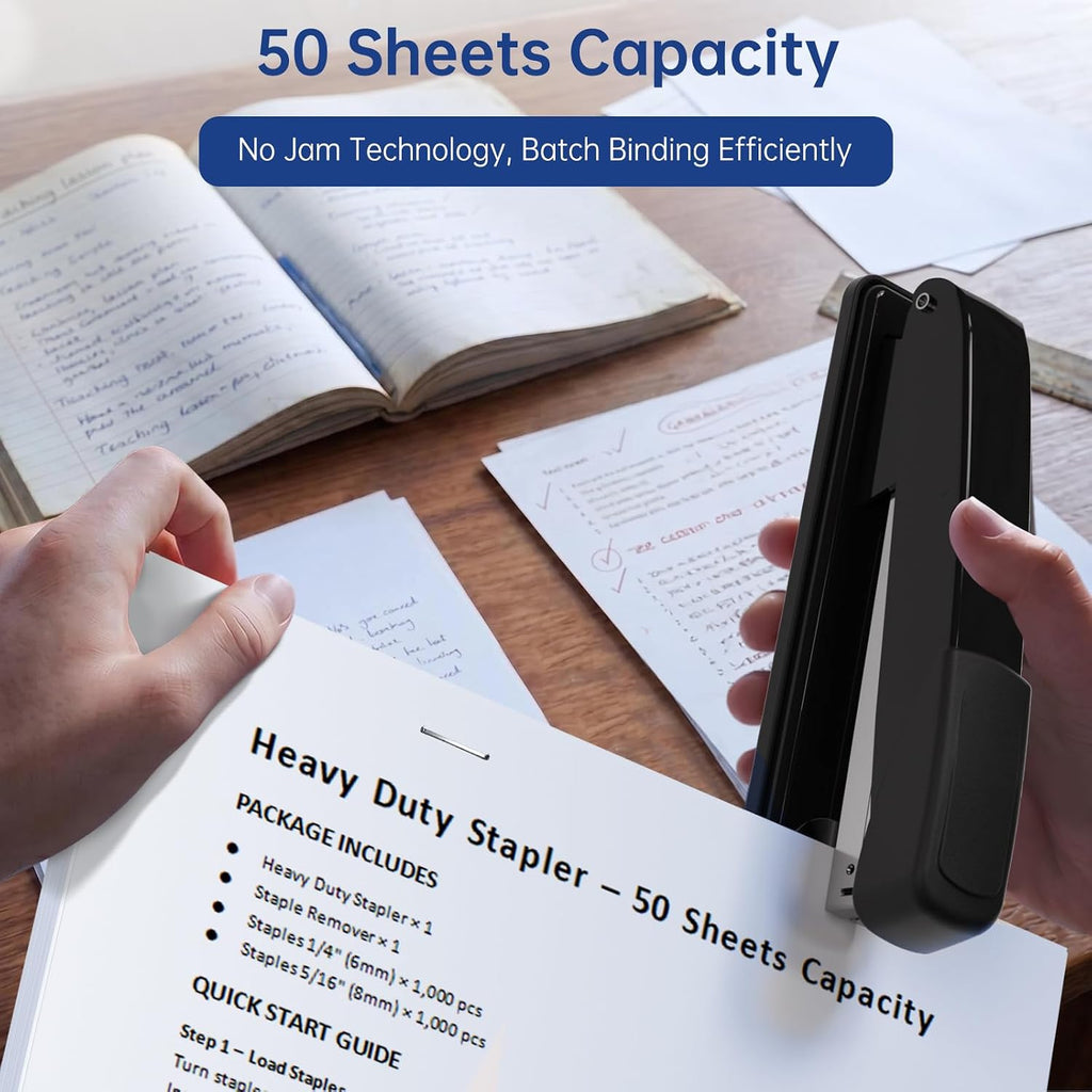 Metal Stapler Heavy Duty - 50 Sheet Capacity with 2000 Pieces 1/4", 5/16" Staples and Staple Remover, No Jam, Non-Slip, Stapler Heavy Duty for Desk, Classroom and Office, Black
