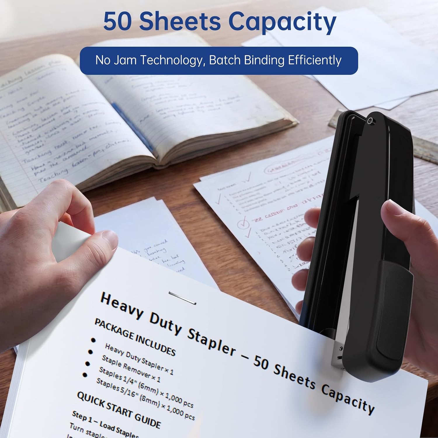 Metal Stapler Heavy Duty - 50 Sheet Capacity with 2000 Pieces 1/4", 5/16" Staples and Staple Remover, No Jam, Non-Slip, Stapler Heavy Duty for Desk, Classroom and Office, Black