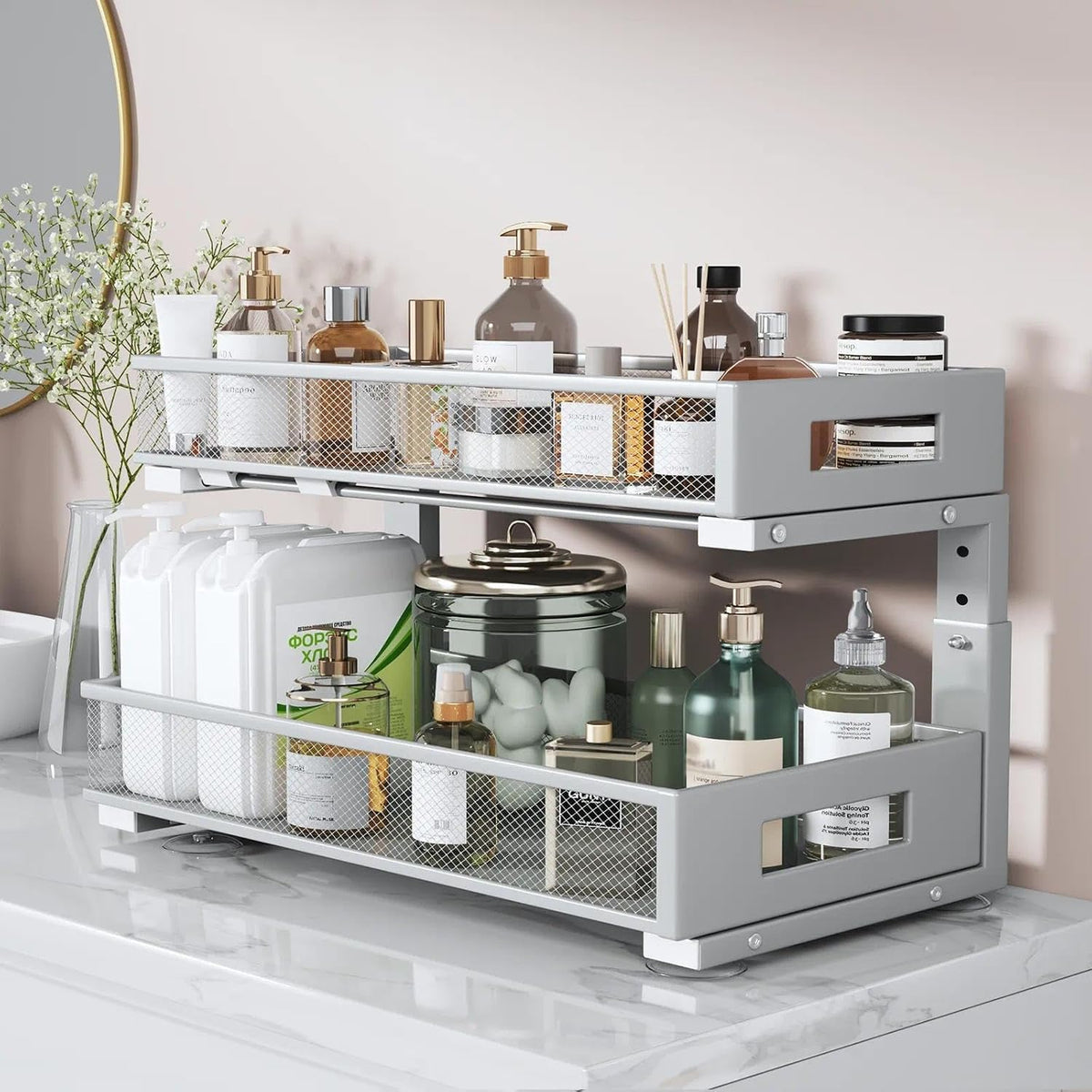 2 Packs 21IN Depth Under Sink Organizer, 2-Tier Pull Out Cabinet Organizer Wi...